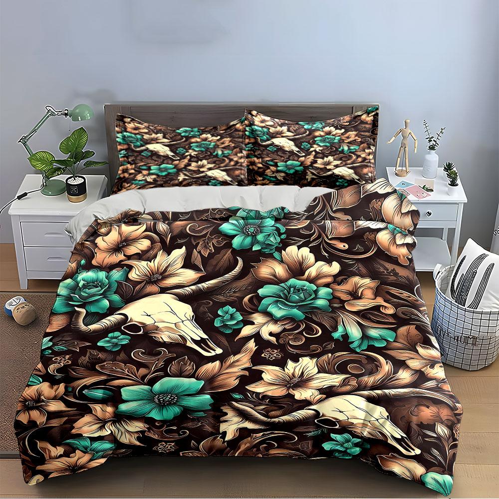 Skull and Floral Pattern Design Bedding Duvet Cover Set  (1*Duvet Cover 2*Pillowcases, Without Duvet Insert)