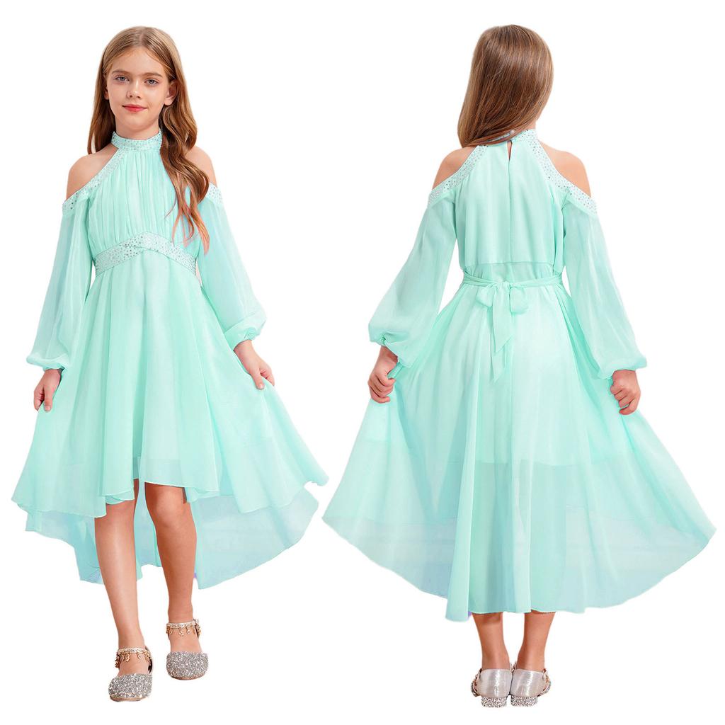 Children‘s High Waist Ruffled Dress Halter Off Shoulder Long Sleeve Irregular Hem Fake Diamond Embellished for Prom Wedding Party