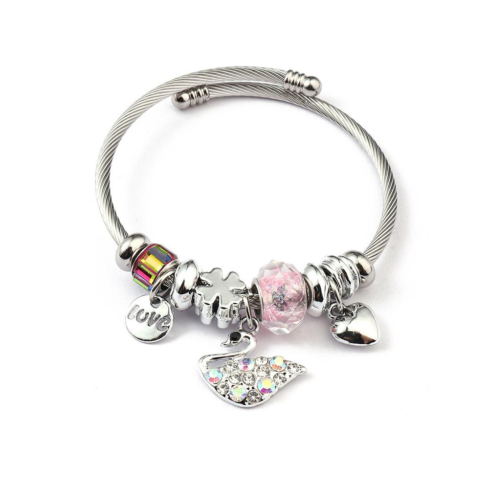 Simple Fashion Stainless Steel Bracelet With Crystal Bead Pendant Unisex Jewelry
