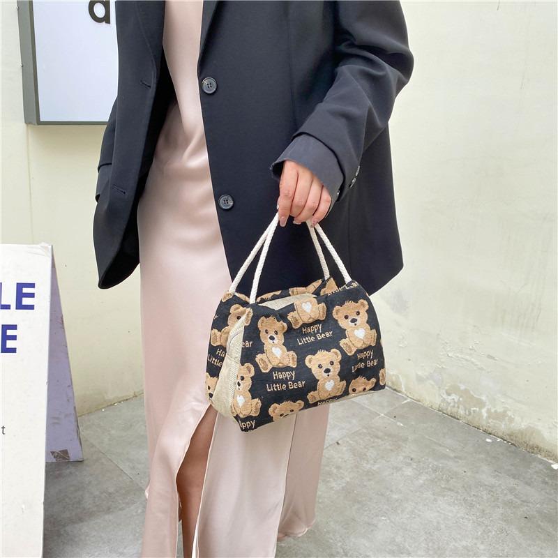 Linen Handbag Women New Cute Cartoon Bear Lunch Box Fresh Artistic Student Tutoring Bag