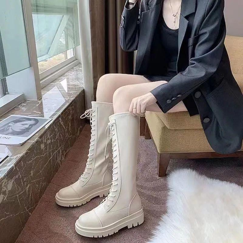 British Style Knight Boots Women's 2025 New Knee Boots Slim Tall Thick-soled Brown Boots Elastic Boots