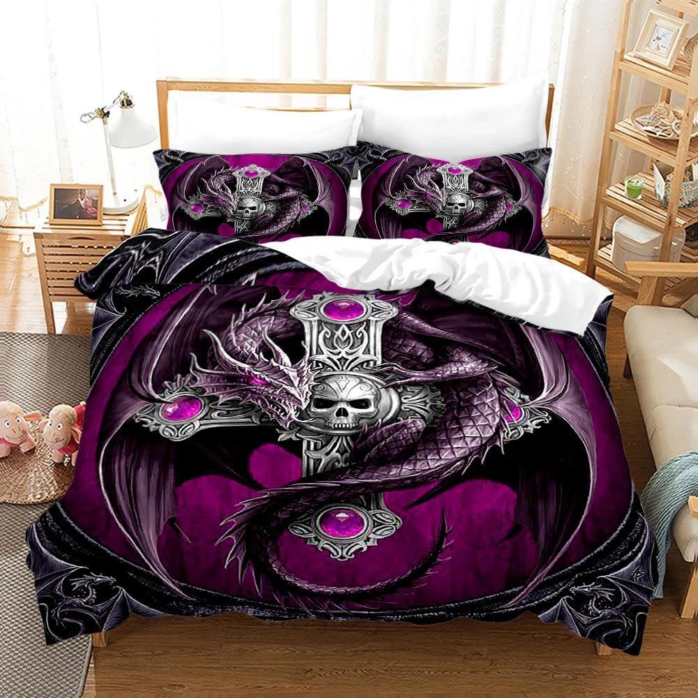 Purple Dragon Skull Cross Bedding Set, Gothic Fantasy Duvet Cover Set, Dark Medieval Home Textile, Perfect Gift for Gothic Bedroom Baby 100x135cm