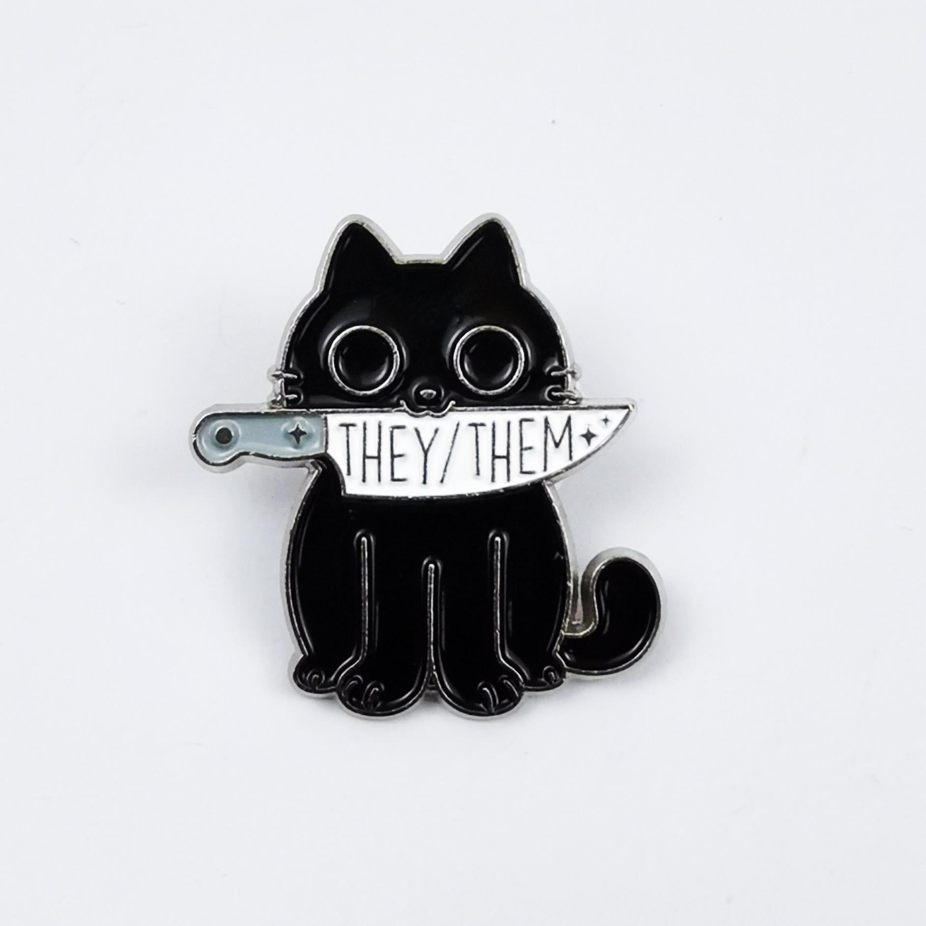 Punk Style Black Cat Brooch with Knife Design - Enamel Metal Badge