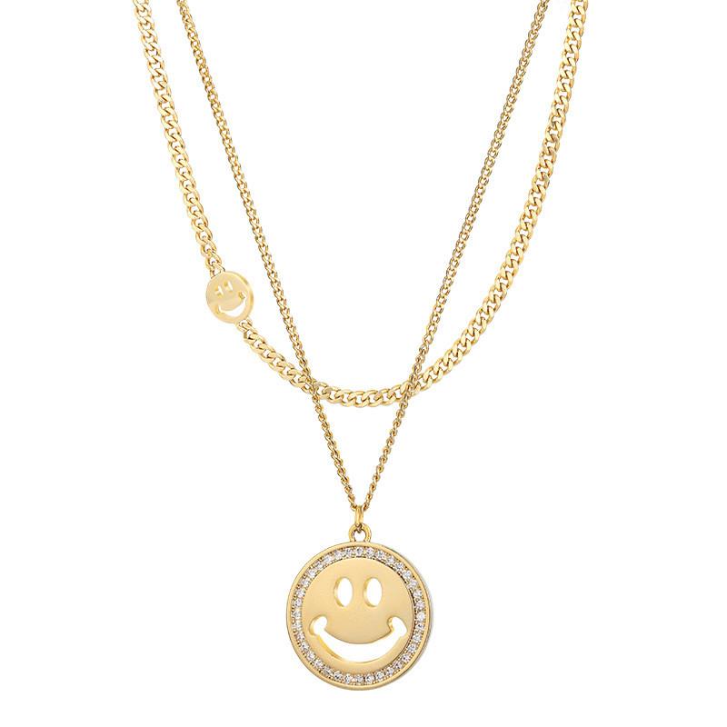 Elegant Layer Double Smiley Face Necklace For Women In Stylish Korean Design Available In Silver And Gold Elegant Titanium Steel