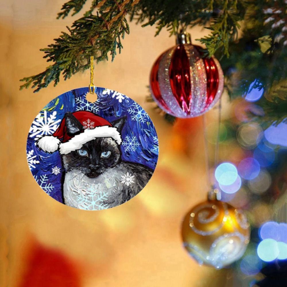 2D Christmas Cat Dog with Hat Pendant Decorative Acrylic Cat Xmas Tree Hanging Ornaments Cartoon Hanging Xmas Dogs Cat Keychain