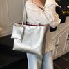 PU Leather Silver Women's Shoulder Bag Simple Design High End Work Commuter Bag Large Capacity Tote Bag with Purse CLE