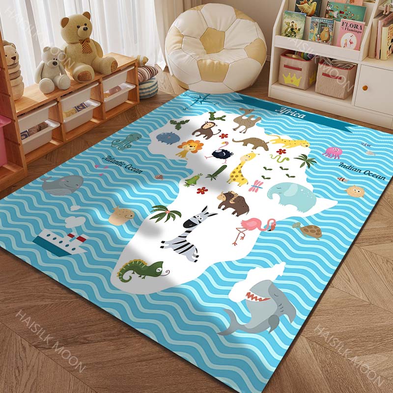 Cartoon Map of Five Continents with Animals Print Carpet for Living Room Bedroom Sofa Doormat Decor Kids Room Area Rug for Gifts