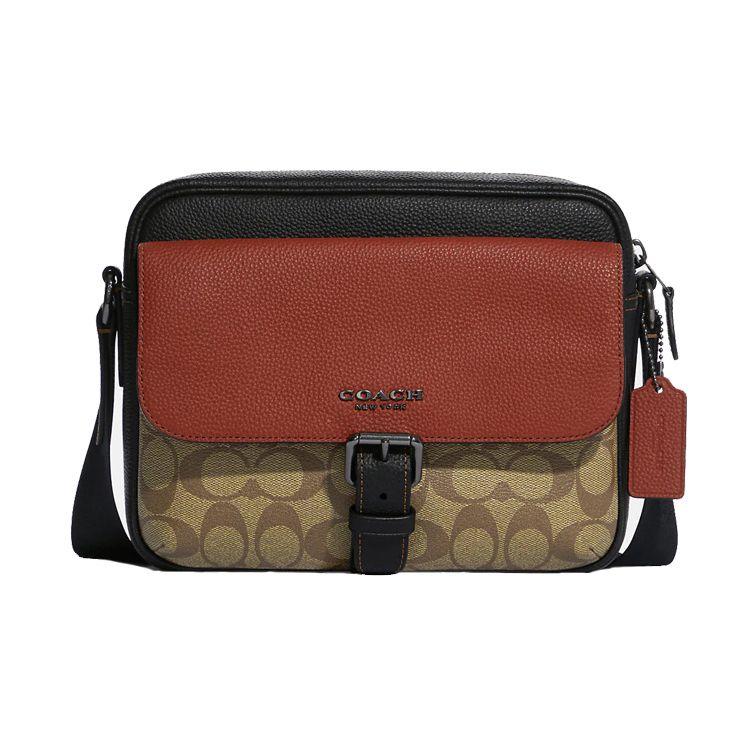 Coach C8143 Hudson Crossbody Bag Colorblock Signature Canvas Khaki Terracotta QBTUI Basic Set (Bag+Dust Bag)
