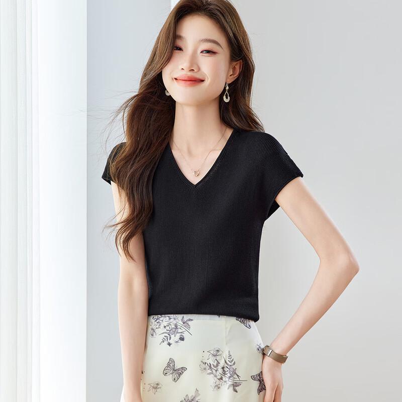Srcr Women s Silk Blend V-Neck Knit Short Sleeve Top XL чёрный