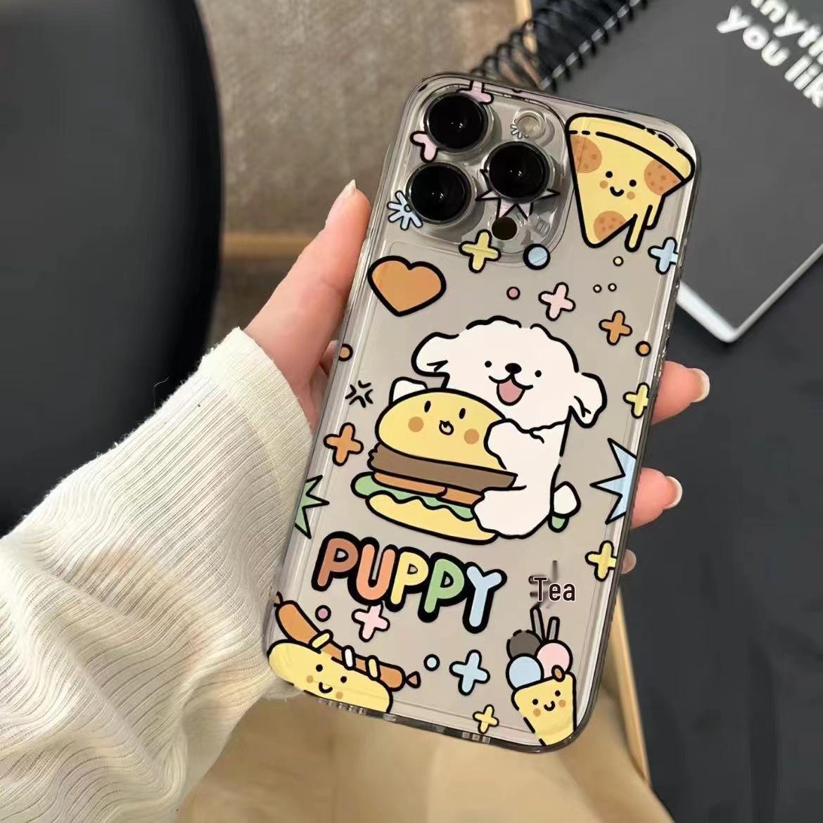 

Puppy Hamburger Cartoon Transparent Phone Case for iPhone 11 Pro/12/13/14/15/15 Pro/11 Pro Max iPhone 13 Pro