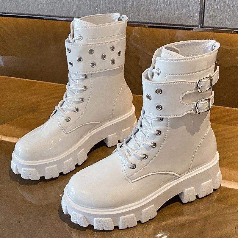 Thick-soled Shoes with Buckles, Short-top Knight Boots, Women's Shoes, Large-sized Willow Stud Lace-up, Thin Boots