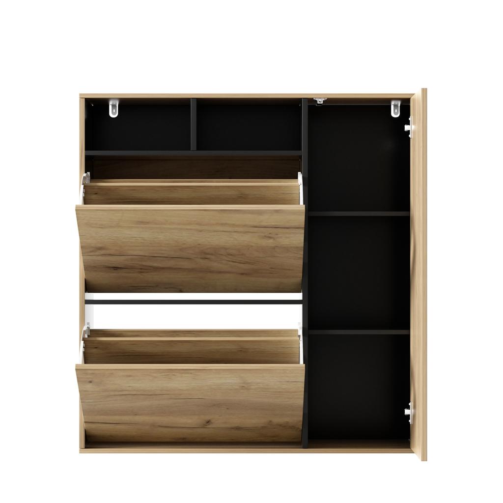 Shoe Cabinet with 2 Flaps & 1 Door – Narrow Shoe Tilt Cabinet, Open Compartments & Adjustable Shelves, Space-Saving, Wood Look/Black, 90x24x94 Cm