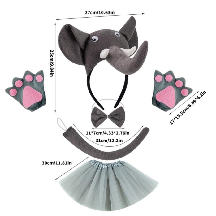 Tier Kostümset Zubehör Elefantenkostüm Set mit Elefantenohren Stirnband Fliege Schwanz Tutu Handschuhe 1/3/4/5Stk.