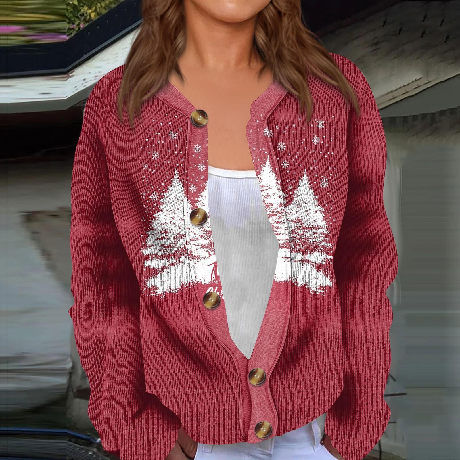 

Модный женский рождественский принт с длинным рукавом вязаный кардиган куртка на пуговицах M киноварь