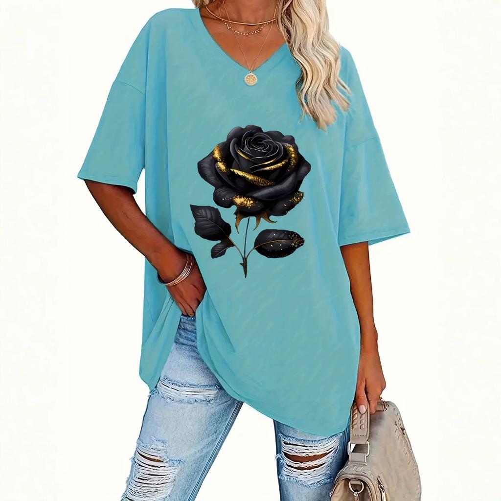 1116 European and American new summer large size rose print casual V-neck short-sleeved T-shirt