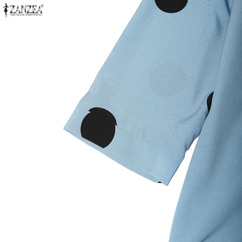ZANZEA Damen Freizeit V-Ausschnitt 3/4 Ärmel Locker Gepunktetes Midi-Kleid