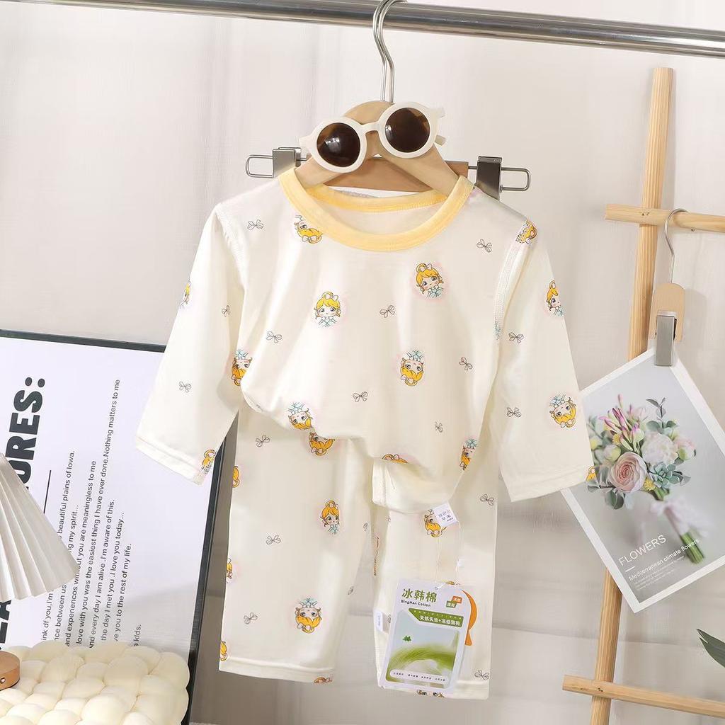Children'S Pajamas, Pajamas, Summer Boys And Girls Tencel Lyocell Loungewear Nine-Quarter Sleeve Thin Korean Version Set