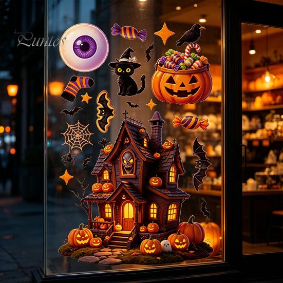 Home Window Ornaments Halloween Static Clings, Glass Stickers with Ghost Cat Bat Removable Holiday Decorations Patterns, Reusable Decals for