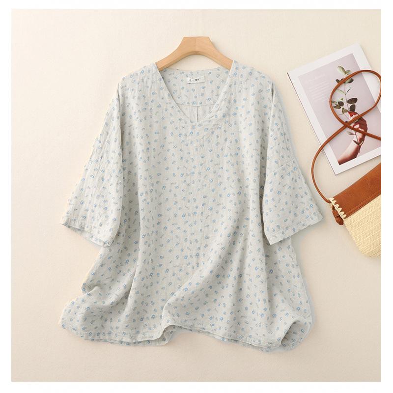 Summer Retro Floral Linen Pullover - Artistic Fresh Five-Sleeve Top