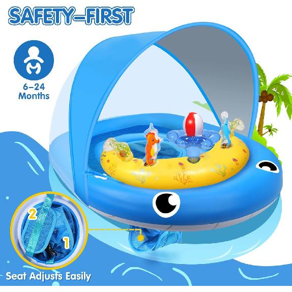 Baby Pool Float with Canopy UPF50+ Sun Protection, 6-24 Months Inflatable Infant Swimming Ring, Bath Floatie, Swimming Pool Accessories, and Toy Play