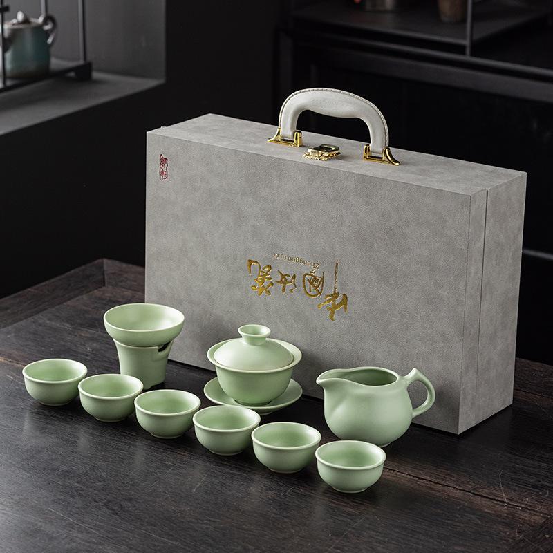 Ru kiln tea set, business side gift, customer souvenir gift box, a complete set of covered bowl teacups