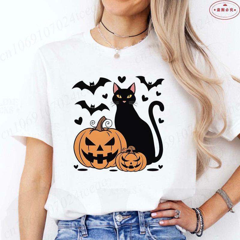 Black Cat Halloween Print Unisexs Summer Tshirt Casual Clothing Oversized Y2k Personality Short Sleeve Tops Spooky Season Tees