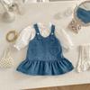 Girls Spring Sweet Heart Denim Overall Dress with Solid Long Sleeve Top Set