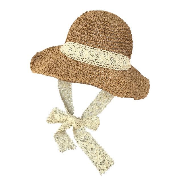Foldable Handmade Straw Hat Summer Lace Strap Large Brim Seaside Sun Hat Sun Protection Vacation Beach Hat
