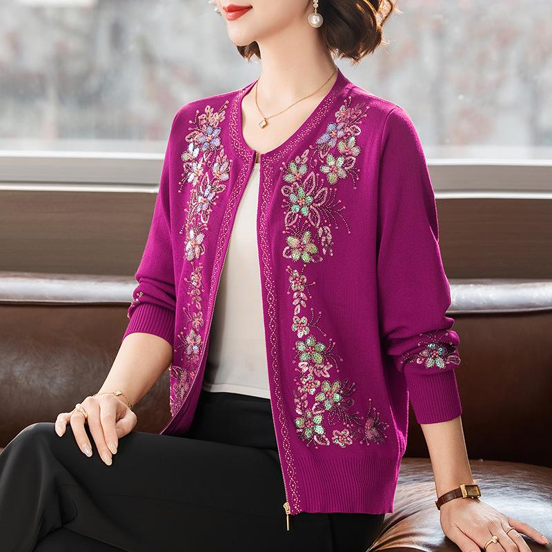 Women's Autumn/Winter Heavy Knit Cardigan with Butterfly Flower Embroidery & Hand Beading
