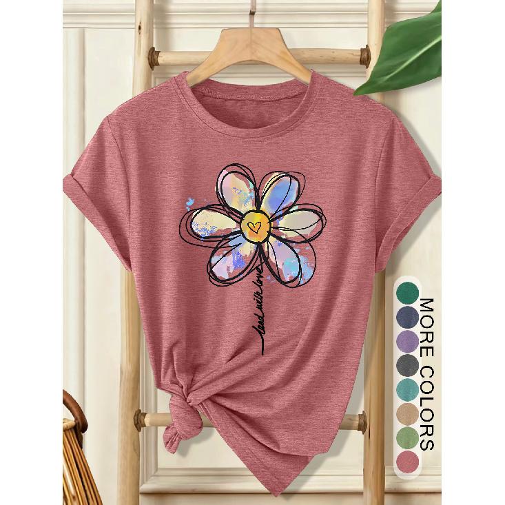 Women's Elegant Style Plus Size Loose Short Sleeve Watercolor Daisy Hand-Painted Print Pattern Round Neck Women's Comfortable Soft Breathable New