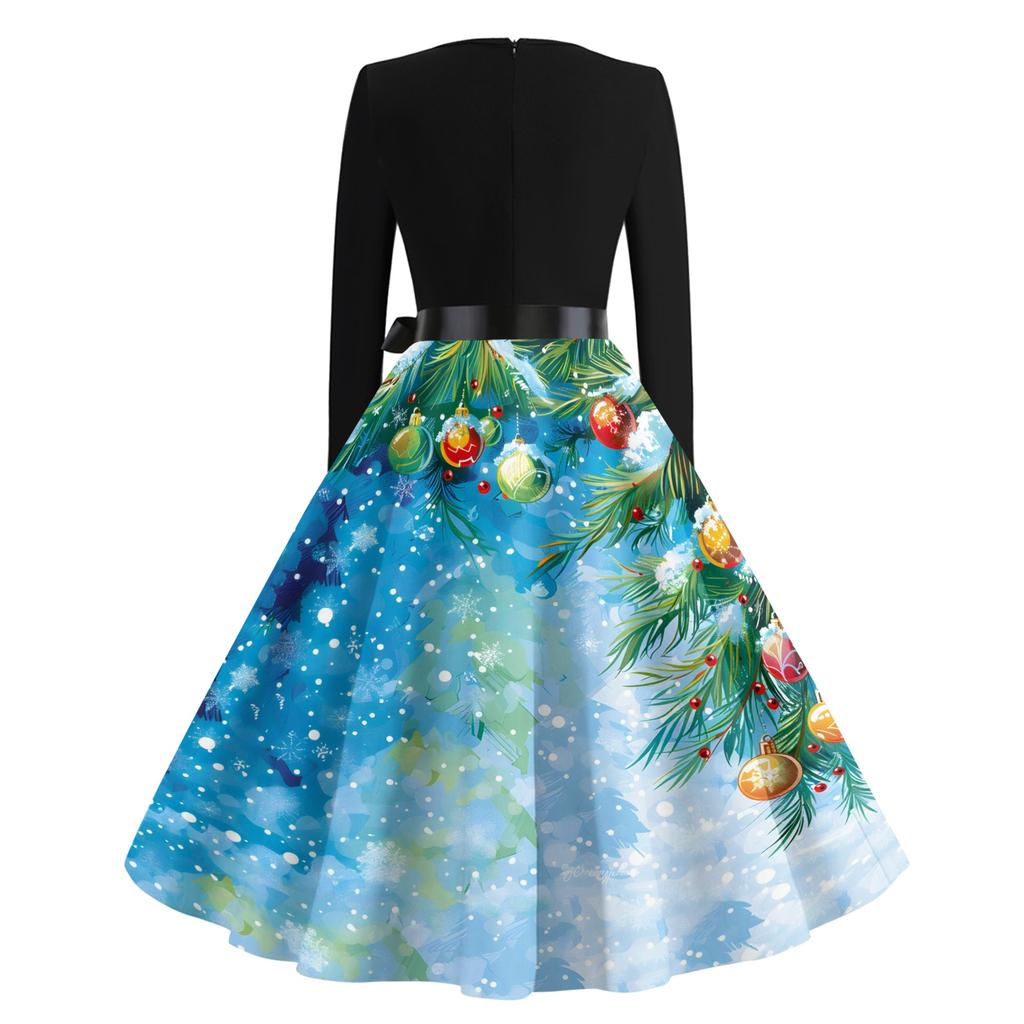Women's Casual Fashion Long Sleeve Christmas Graphic Printed Vintage Long Dresses