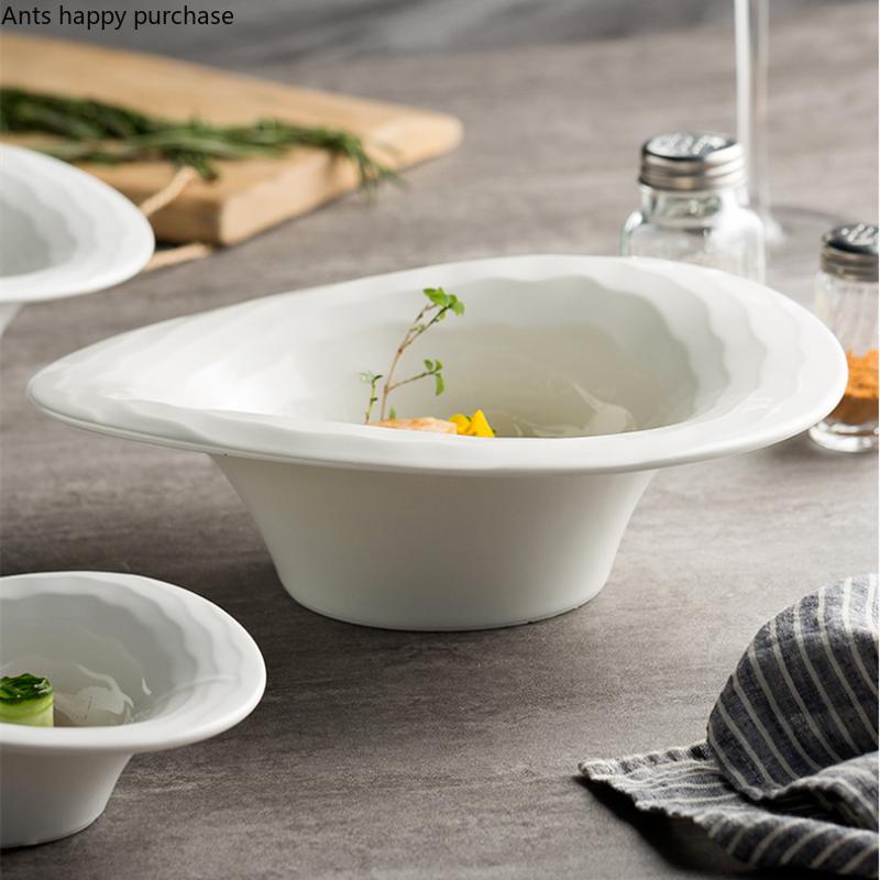Bol neregulat din ceramică albă Farfurie pentru cină Boluri cu tăiței Bol pentru supă Farfurie cu fructe Boluri pentru salate Farfurie pentru desert Vase Veselă decorativă
