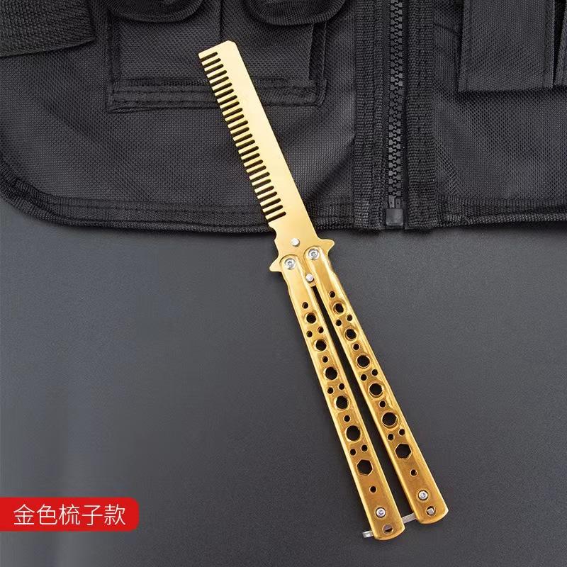 Professional Stainless Steel Folding Butterfly Knife Portable Training Beard Comb Hair Styling Tool for Salons and Practice Comb