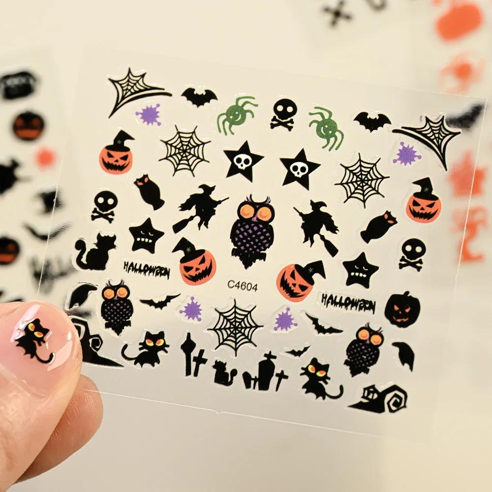24 Sheets 3D Colorful Halloween Nail Art Stickers Self-adhesive Evil Pumpkins/bats/spiders/owls Nail Decals Y2K November1st Nail
