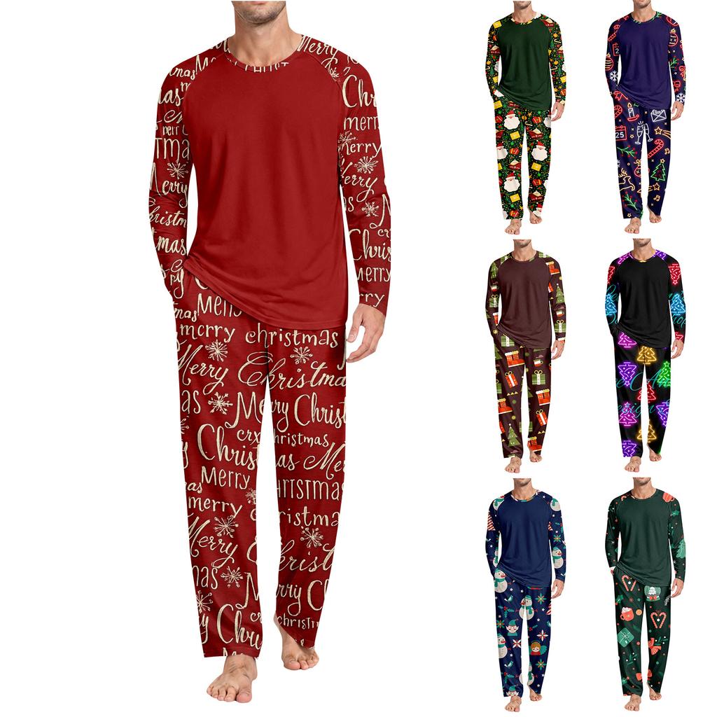 Erkek Yılbaşı -Bisiklet Yaka Uzun Kollu Üst ve Pantolon Pijama Takımı Günlük ve Rahat