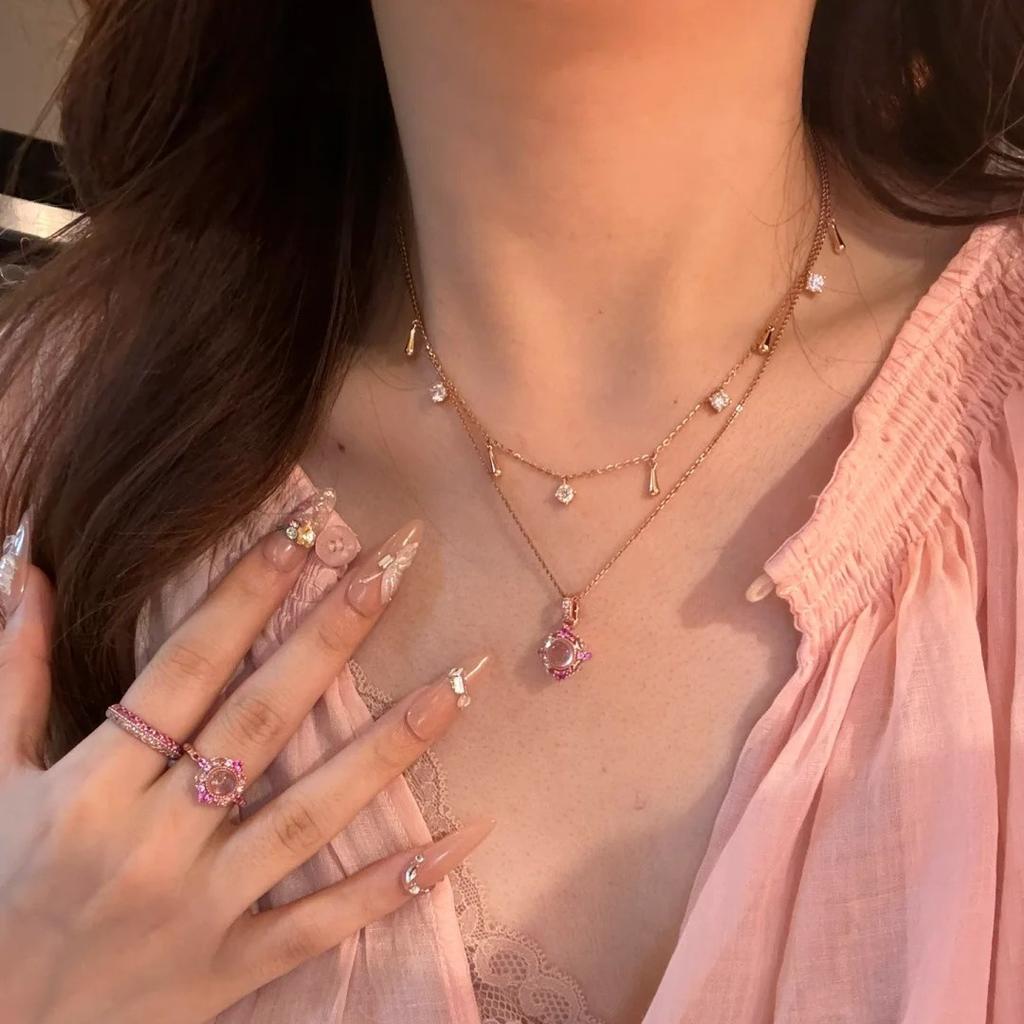 Vintage French Powder Crystal Set Medium Antique Pink Diamond Pendant Necklace Ring Earrings