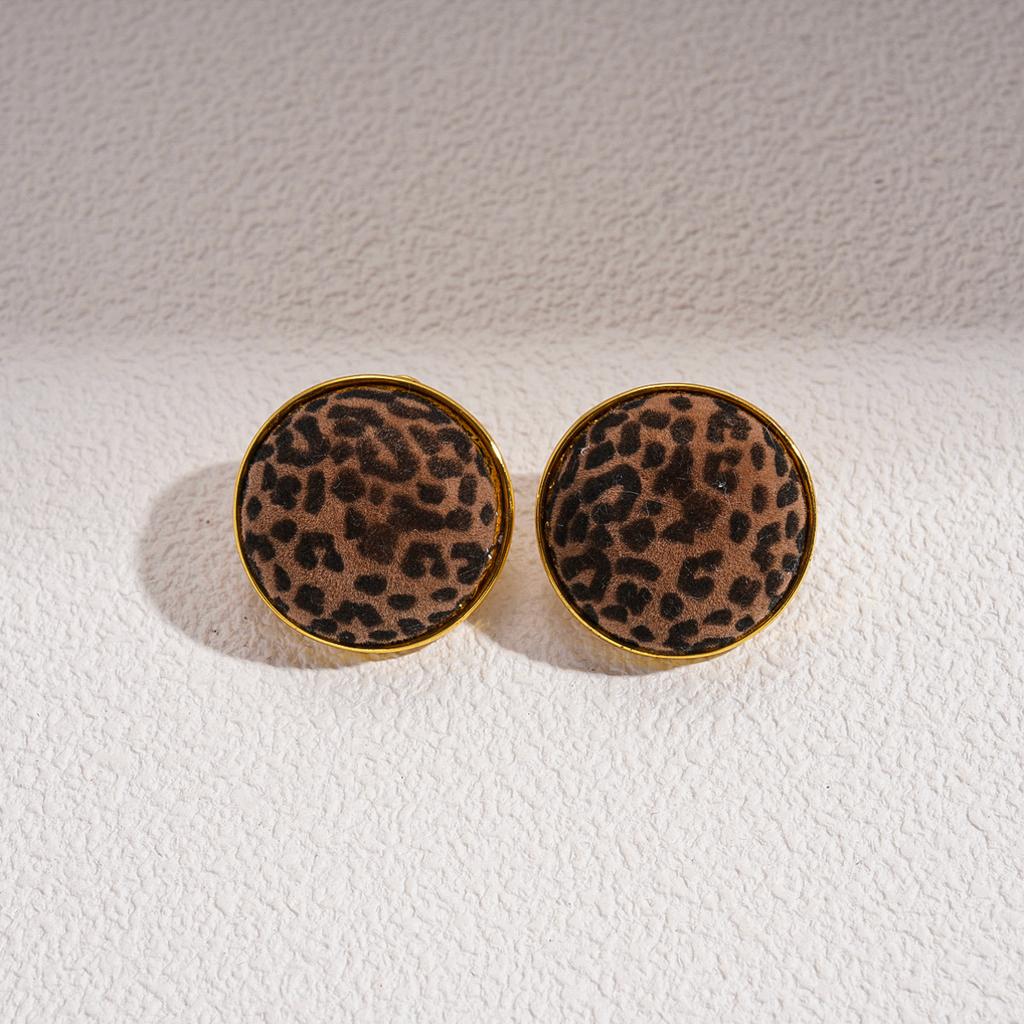 Maillard Flocking Leopard Print Hollow Round Silver Needle Earrings Autumn and Winter Geometric Fashion Earrings
