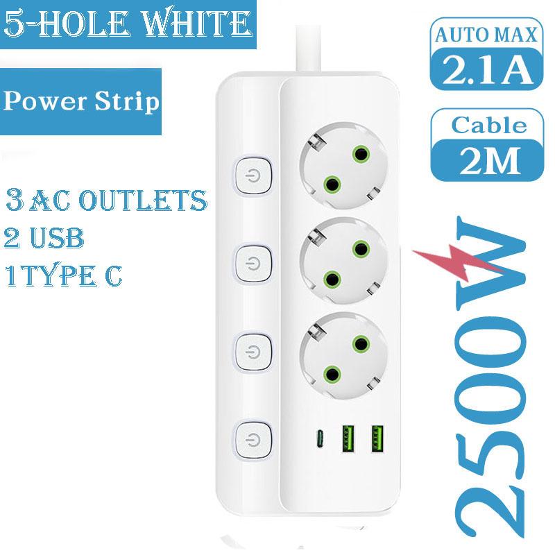 EU Plug Electrical Socket 3/5 AC Outlets+2 USB+1Type C 8-in-1 Adapter Multitap Fast Charging Power Strip With 2M Extension Cord