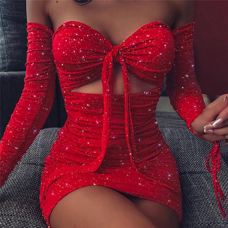 High Quality Women Shiny Crystal Long-sleeved Tube Top Openwork Sexy Dress