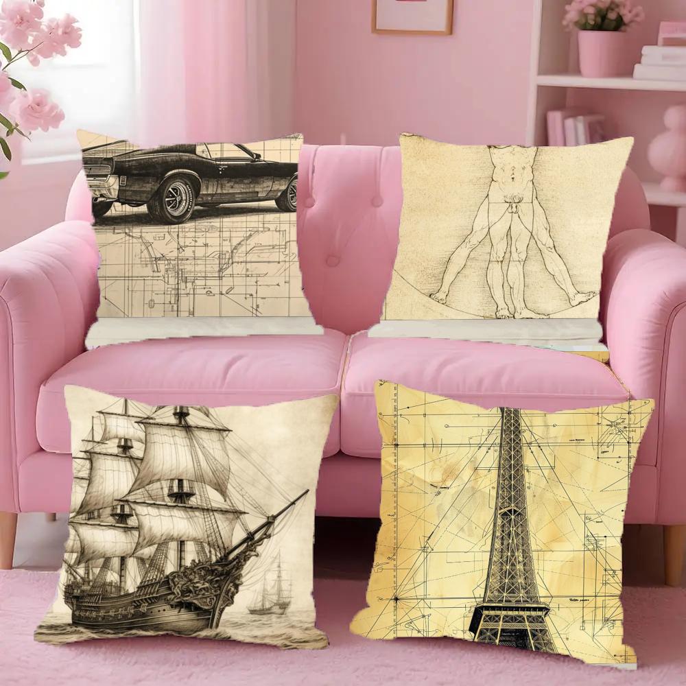 Da Vinci Inspired Sketches Pillow Case Anti-Dustmite Pillowcase Invisible Zipper Silky Short Plush Sofa Cushion Cover