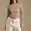 Damen Lässiges Gestreiftes Off-Shoulder Langarm T-Shirt Geripptes Strick Slim Fit Top Leichter Dehnbarer Stoff Bequem zu Tragen