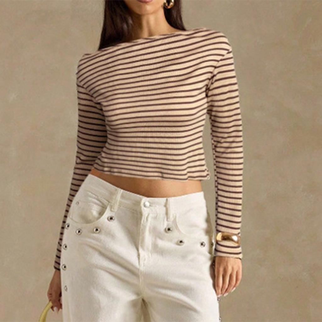 Damen Lässiges Gestreiftes Off-Shoulder Langarm T-Shirt Geripptes Strick Slim Fit Top Leichter Dehnbarer Stoff Bequem zu Tragen