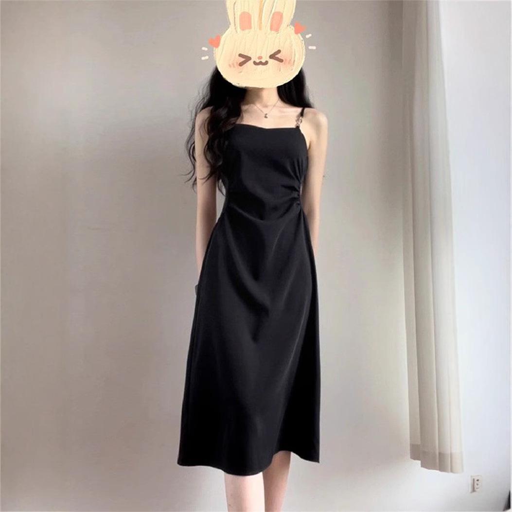 

Маленькое французское черное платье на подтяжках с тонкой талией и плиссированной длинной юбкой, дизайн Niche M чёрный