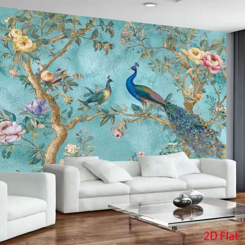 2D Chinoiserie Peacock Flower Backdrop Living Room Banner 47.2x31.5inch/120*80cm