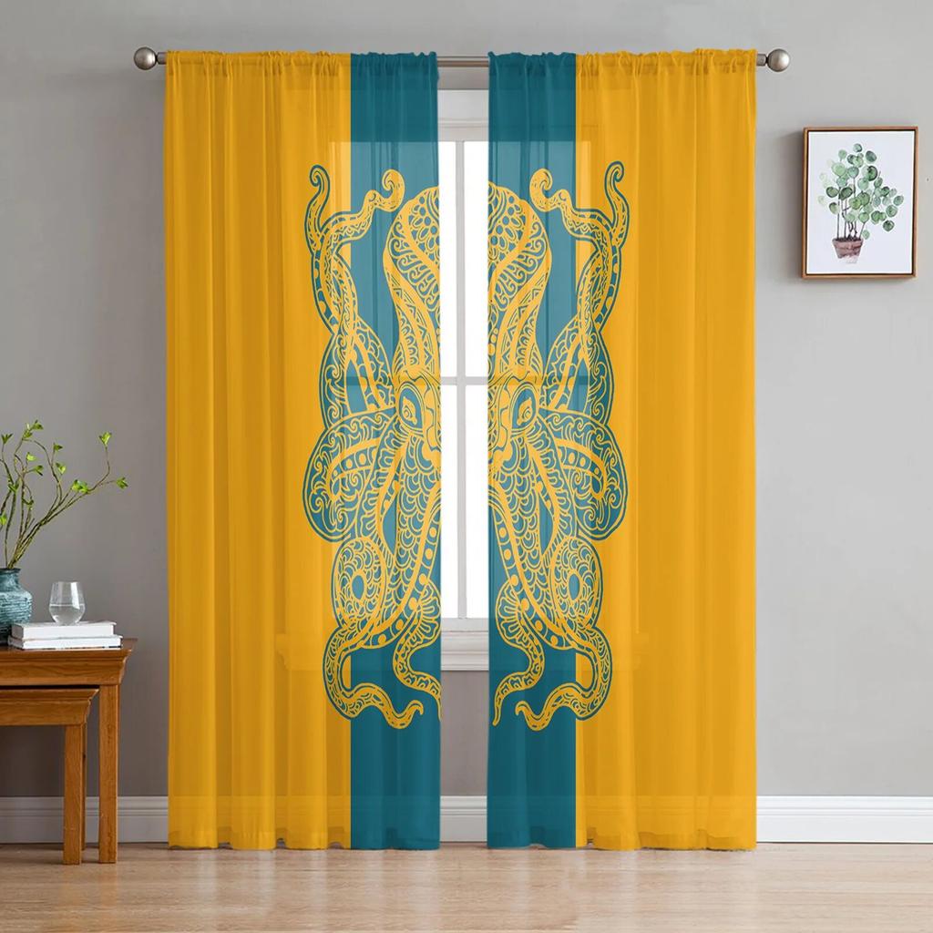 Sea Octopus Retro Cthulhu Sheer Curtains for Living Room Modern Voile Curtain Bedroom Tulle Curtains Window Drapes Decor