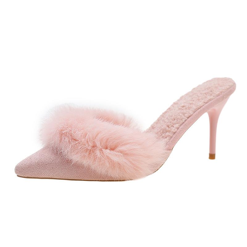  Spring Faux Fur Mules Slippers Women Pointed Toe Slip-On Thin Heels Sandals Woman Short Plush Lined Closed Toe Slides Shoes
