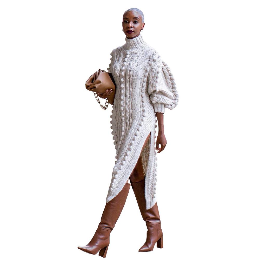 European & American Women's High Neck Knitted Slit Dress