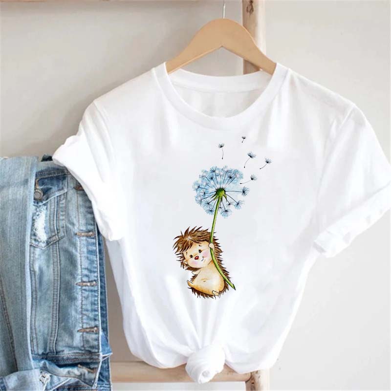 Pink Women Tshirts Casual Cute Cartoon Hedgehog Floral Graphic Print Female Tee Tops Harajuku Fashion Short Sleeve T Shirt Femme