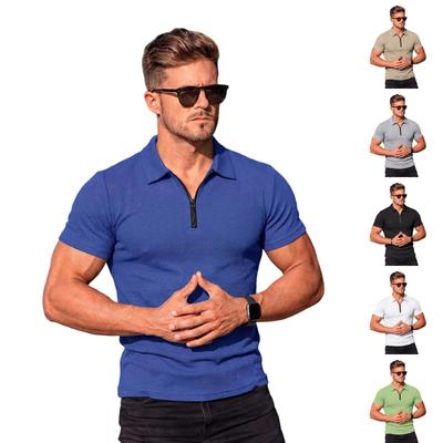 Men Short Sleeve Polo Shirt with Zipper Collar Casual Slim Fit Ribbed Knit Top for Everyday Wear and Outdoor Activities