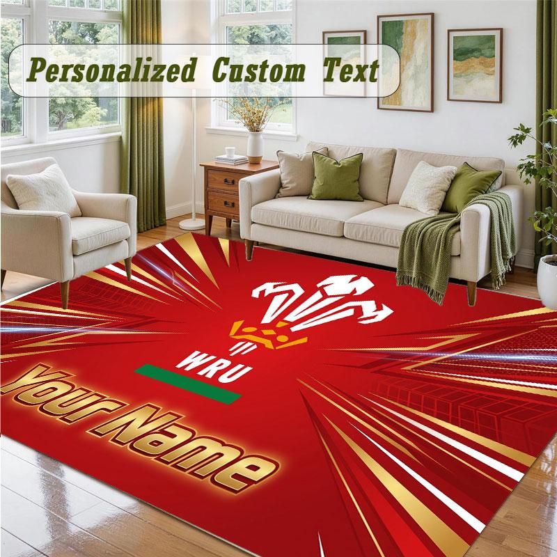 Crystal Velvet Square Rug Custom NameWales Rugby Pattern Non Slip Home Floor Decor Rug